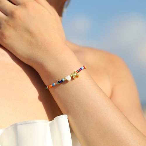 Image of Turandoss Colorful Beaded Initial Bracelets for Women, Trendy Boho Layered 14K-Gold-Plated Letter A-Z Bracelet Cute Summer Jewrly Birthday Christmas Gifts for Girls