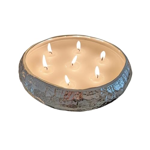 Aeolian 7 Wick Vanilla Scented Candle in Hammered Champagne Bowl (20cm) - Luxurious Soy Wax Table Centrepiece, Perfect Home Decoration Gift, Elegant Interiors by Rowen Homes (Silver)