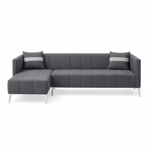 Image of Solomon Luxe Velvet-Suede Fabric 5 Seater LHS L Shape Sofa | Comfortable & Spacious Seating | Modern Sofa for Living Room - Dark Gray