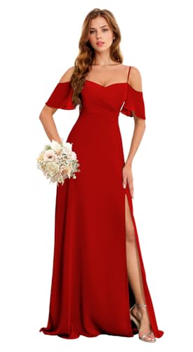 Image of Chiffon Bridesmaid Dress with Slit Red Long Bridesmaid Wedding Guest Dresses Evening Gowns US12 HGR93