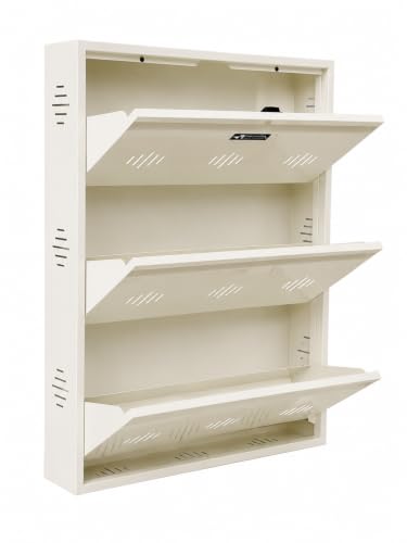 Image of StayHappy Wide Wall-Mounted and Freestanding Metal Shoe Rack Cabinet | Key Lock | Compact Design | Thick Metal Layer for Durability | Powder-Coated Steel | Crafted in Bharat. (White, 3 Door)