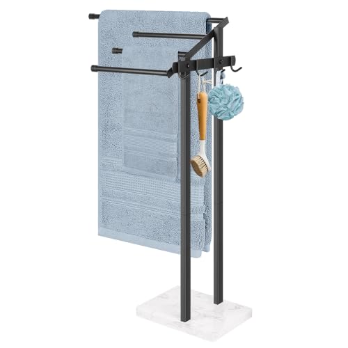 Image of Towel Rack for Bathroom, 36 inch H Towel Holder Stand, Bath Towels Sheet Holder with Marble Base, Standing Rack for Home Pool Outdoor Floor, Store Family Member Towels (Black, 36 inch H-Hooks)