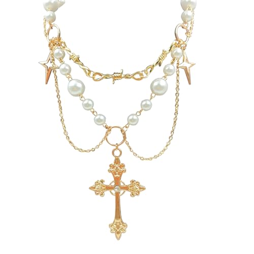 Gold Pearl Cross Necklaces for Women GothicPearl Cross Pendant Necklace Vintage AdjustableChunky Cross Necklace Layered Tassels Choker Necklace Halloween Prom Jewelry Gift