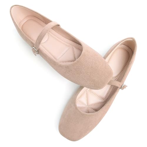 Image of TN TANGNEST Leather Flats for Women Retro Mary Jane Flats | Comfortable Square Toe Slip On Flats with Buckle Strap, Soft Work Flats Office Shoes