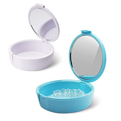 Y-Kelin Retainer Case with Mirror Retainer Container Partial Denture Storage Box (Light Blue+White)