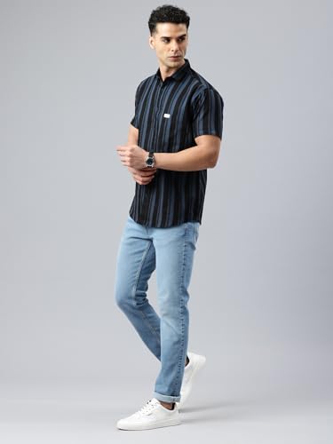Image of Majestic Man Men Slim Fit Cotton Striped Half Sleeve Casual Shirt