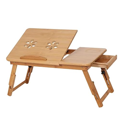 Bambu laptop stativ skrivbord, laptopbord bambu vikbar, justerbar säng laptop bord, hopfällbar säng bord serveringsbricka anteckningsblock bord med låda