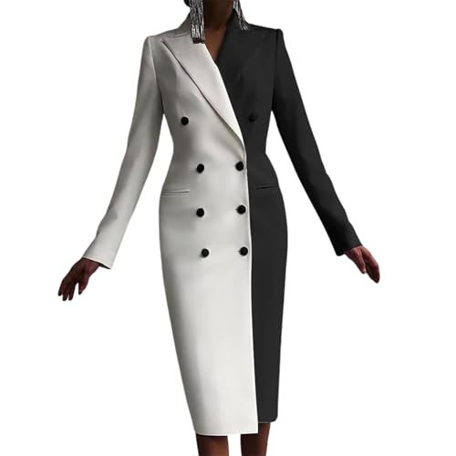 Black and White Womens Suit Blazer Double Breasted Peaked Lapel Long Jacket Ladies Prom Evening Guest Formal