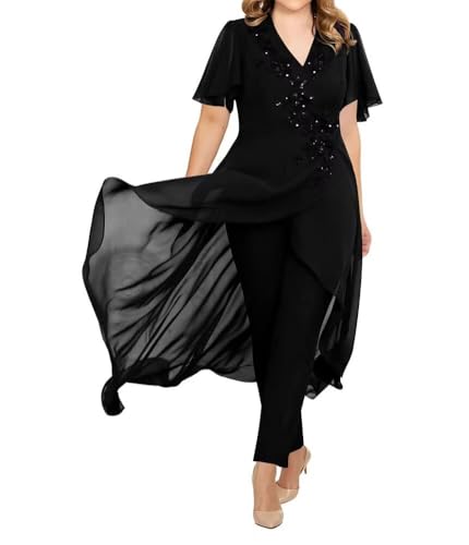 Senunlia Plus Size Mother of The Bride Pant Suits with Jackets 2 Pieces Party Gown Black Casual Pant Suits for Women 16