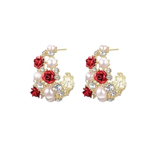 T-Miles Unique and Unique Rose Earrings with White Sparkling Crystal and Pearl, Suitable for Female Gifts