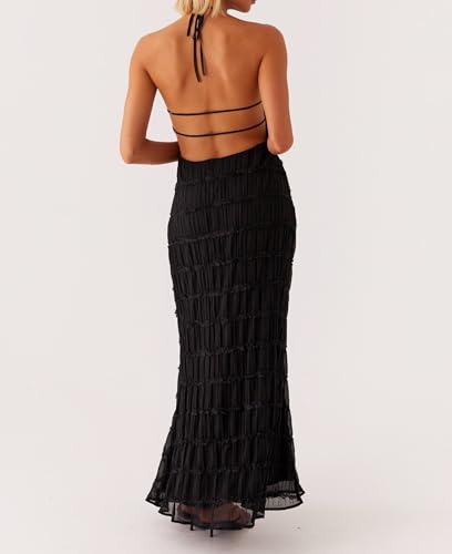 Image of Argeousgor Women Halter Neck Backless Summer Dresses 2025 Sleeveless Tiered Ruffle A-Line Flowy Cocktail Party Maxi Dress