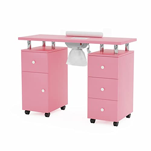 OmySalon Manicure Table Nail Desk for Nail Tech, Nail Table Station w/Electric Dust Collector, Nail Makeup Beauty Salon Storage Acetone Resistant w/Lockable Wheels,Wrist Cushion,4 Drawers&Cabinet
