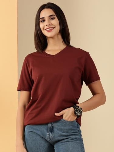Image of Women's Pure Cotton Relaxed Fit V-Neck Half Sleeve T-Shirt | Gym Wear Casual Look T-Shirt | Regular Fitting with Comfort Wear for Women