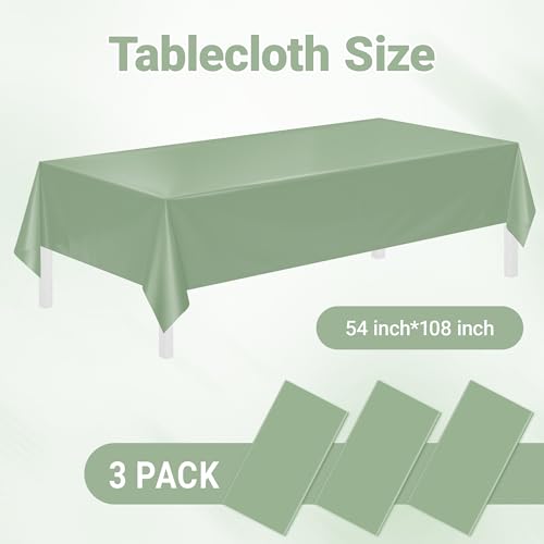 Image of Childom 3 Pack Sage Green Tablecloths,54 inchx108 inch Plastic Table Cloth Disposable for Rectangle Tables,Sage Green Table Cover for Dinner Outdoor Picnic Birthday Bridal Wedding Baby Shower Party Decoration