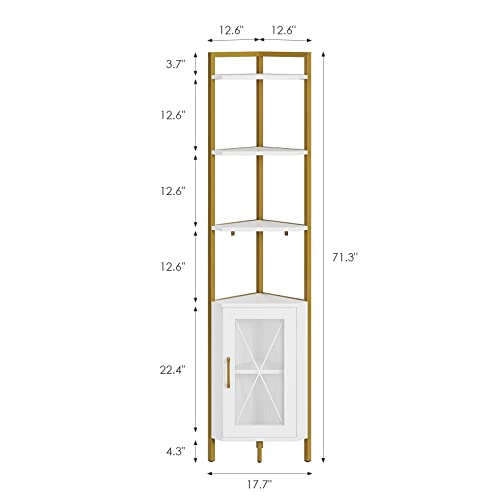 Hithos 71" Tall Corner Shelf, 6-Tier Corner Bookcase, Gold Bookshelf With Storage Cabinet, Modern Display Shelf, Free Standing Storage Rack Plant Stand For Living Room, Bedroom, Home Office, White #TOP2