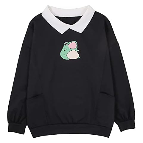 GLIGLITTR Women's Kawaii Frog Tops Indie Aesthetic Clothes Kpop Autumn Clothing Oversized Pullover Girls Teenager Long Sleeve with Pocket Clothes Women, black, S Cover