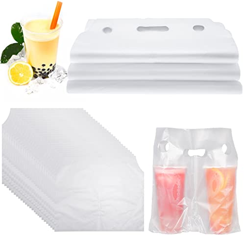 Cezoyx 300 Counts Handle Drinking Poly Bags, 2 Cup Plastic Handle Drink Carriers 12 X 11 Inch Clear Plastic Packaging Bags For Stores Delivery, Take Out, Beverage, Coffee, Juice #TOP29