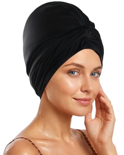 Babalet Satin Lined Swim Turban-Waterproof Silicone Swim Cap for Long Hair Thick Curly Hair Dreadlocks & Afro Swimming Cap Large Heads Easy On/Off Keeps Hair Dry Black XL