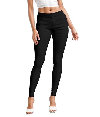 Hybrid & Company Women's Pull On Stretchy Mid Rise Skinny Fit Pants Regular or Distressed Jeans with Long Short Inseam P45944SK Black L Short