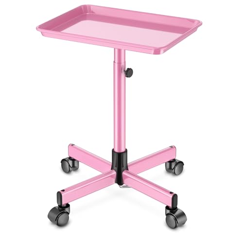 DEER BEAUTY Salon Tray on Wheels - Premium Aluminum Tattoo Tray Rolling Trolley - Adjustable Salon Service Rolling Tray Hairdresser Cart with Clinic Spa Rolling Tray Wheels (Pink)