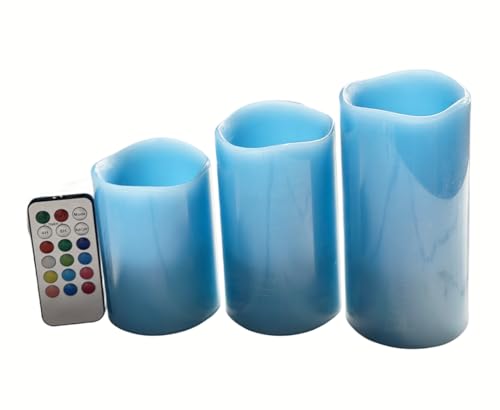 Adoria Blue Flameless Wax Pillar Candles Set of 3