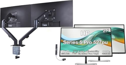 Image of HP Series 5 Pro 527pu 27 inch QHD USB-C Docking Monitor 2 Pack | 4-Way Tilt /Swivel /Pivot /Height, VESA Mount, Displayport, Black /Silver, W /DKZ Hub & Dual Mount Arms