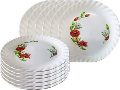Urmila Plastic Unbreakable Plastic Flower Print Round Serving Dinner Plates Full Size Plate for Dining Table Home Kitchen Party Restaurant 12 Inches White Set of 12