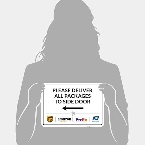 Image of Package Delivery Sign, Delivery Instructions Deliver All Package to Side Door Left Arrow Sign, 10x7 Inches, 4 Mil Vinyl Decal Stickers Weather Resistant, Made in USA