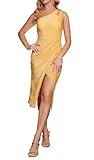 Angel-fashions Elegante vestido midi con un hombro descubierto para mujer, con purpurina y abertura alta, para cócteles, bodas y salidas casuales, amarillo, 36