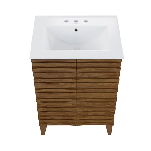 Image of Swiss Madison Cascade 24 in. Brown Oak Bathroom Vanity with White, 3-Hole Ceramic Sink Top