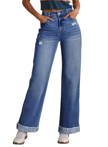 Sidefeel Women's Fleece Lined Jeans High Waisted Wide Leg Stretchy Distressed Straight Leg Loose Denim Pants