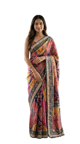 Georgette Saree for Women with Unstitched Blouse Piece | Mirror Work Printed Women Saree | Soft Fox Georgette Designer Saree with Katdana Handwork-picture-56