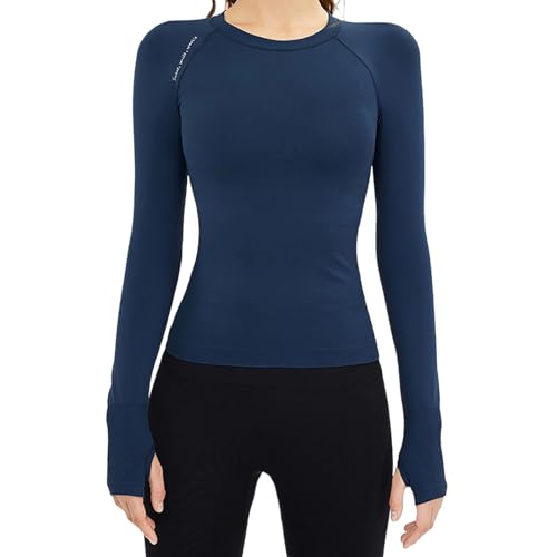 Klijuiaup T-shirt de compression respirant à manches longues pour femme - Pour entraînement, yoga, sport, fitness, noir foncé, L