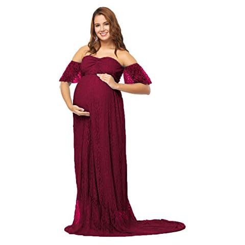 JustVH Maternity Off Shoulder Ruffle Sleeve Lace Wedding Gown Maxi Photography Dress for Photo Shoot Dress - red - Small Cover