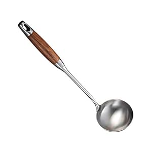 Soup Ladle,304 Stainless Steel Cooking Ladle Spoon Wok Tools with Long Wooden Handle Heat Resistant,Silver/14.6Inch
