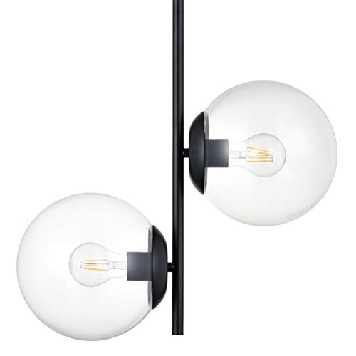 Linea di Liara Caserti Mid Century Modern Chandelier Double Pendant Light - Black W/ Clear Glass Globe Hanging Chandeliers - Kitchen & Dining Ceiling Lighting Fixtures