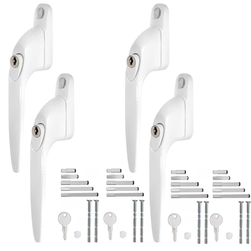 WODSTA Lot de 4 poignées de fenêtre en UPVC verrouillables en aluminium blanc pour fenêtres UPVC avec clé pour 10/15/30/40/55 mm | Broches multiples