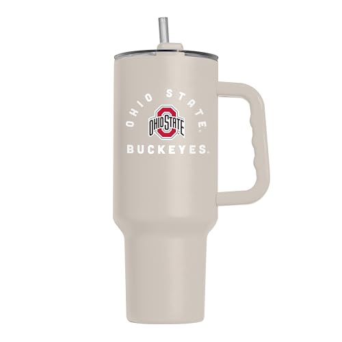 Image of Logo Brands NCAA Ohio State Buckeyes Sand 40 oz Tumbler with Handle - Stylish Everyday Use Powder Coated-Stainless Steel with Straw- Keeps Cold For Hours