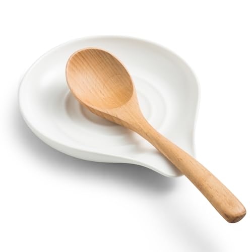 LAUCHUH Spoon Rest for Kitchen Countertop, 5 inch Ceramic Spoon Holder for Stove Top,Large Cooking Utensil Holder for Spatula, Spoons or Tongs, Framhouse Decor, White