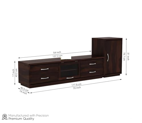 Image of Solid Sheesham Wood TV Unit - 4 Drawers, 2 Shelves, 1-Door Storage - Fits up to 70-Inch TV - Modern Design for Bedroom, Living Room, Hallway - Design 25