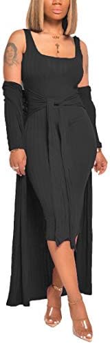 Aro Lora Womens 2 Piece Outfits Open Front Cardigan Tie Knot Tank Bodycon Midi Dress Set Clubwear Large Black
