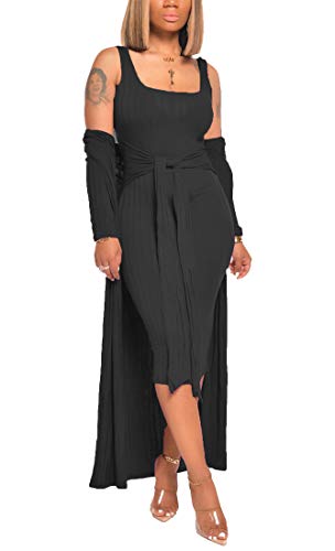 Aro Lora Womens 2 Piece Outfits Open Front Cardigan Tie Knot Tank Bodycon Midi Dress Set Clubwear Large Black #TOP22