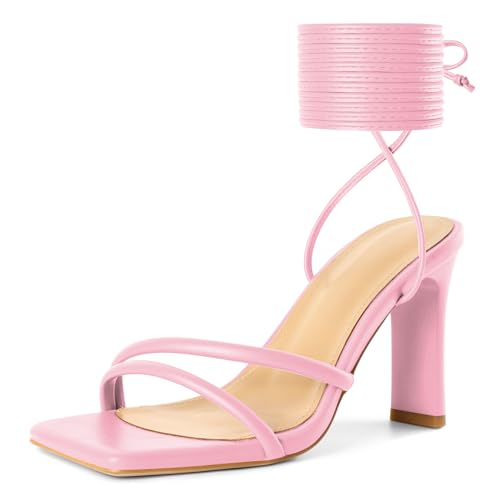 Image of Joseywade Chunky Heels For Women Lace Up Tie Up High Heel 3.5 inch Heeled Sandals Open Toe Shoes