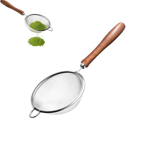 Suhfuib Matcha Sifter 30-Mesh Fine Matcha Strainer with Natural Wood Handle 3-Inch Stainless Steel Small Sieve for Matcha Tea Chawan and Daily Latte