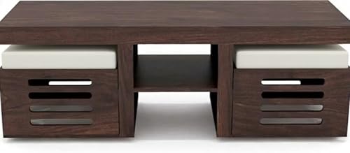 Image of Solid Sheesham Wood Coffee Table for Living Room Wooden Rectangle Coffee /Tea Table with 2 Cushioned Stools Center table with Storage Teapoye for Home, Living Room, Balcony, Natural Walnut