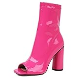  Bviennic Fête Bloc Femmes Peep Toe Cuir Verni Stretch Bottillons Bride Eté Bottillons Fermeture Éclair Mariage Chaussures Rose-Rouge Taille 34 Eu