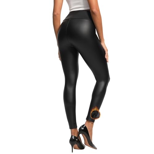 Lishang Leggins Cuero Mujer Push Up Elasticos Pantalones Piel Sintética Cintura Alta Leggins Termicos Mujer Invierno para Movimiento Fitness Negro Brillante L