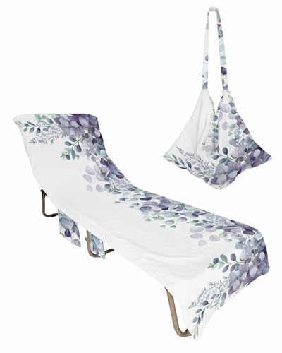 Spring Leaves Beach Chair Towel Covers for Chaise Lounge With Side Pocket, Soft Plush Pool Towels Cover for Patio Sunbathing Outdoor 29''x85'' Gradient Eucalyptus Botanical Plant