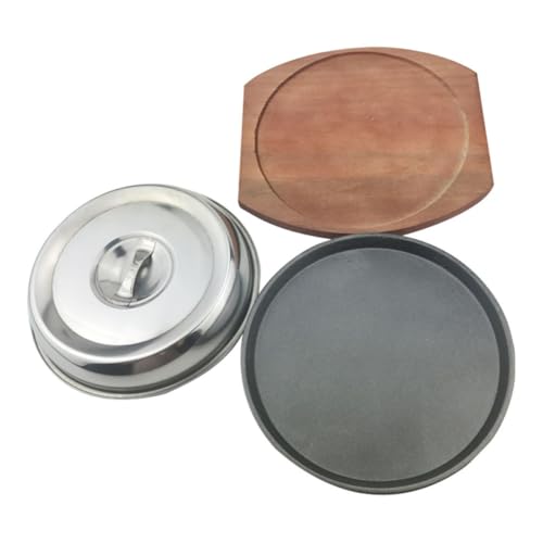 HAKIDZEL Juego de Bandeja para Asar de Hierro Redonda Tabla de Madera y Tapa para Comida Occidental, Fácil de Limpiar y Antiadherente, Adecuado para Barbacoa y Servir