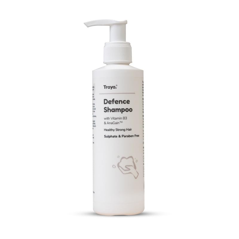 TrayaDefence Shampoo | Cleansing Shampoo for Scalp Nourishment & Hair Health | Contains Biotin, Niacinamide, Piroctone Olamine & Anagain | Sulphate & Paraben Free Shampoo For Women & Men |180 ml